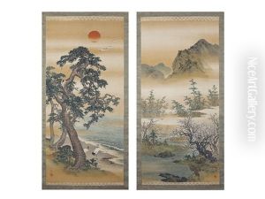 The Landscape Of Mount Penglai (a Pair Of Scrolls)