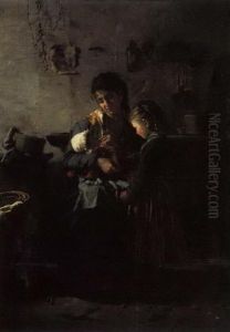 Mother With Her Baby And Child In An Interior by Luigi Nono