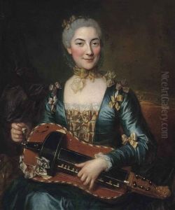 Portrait Of A Lady, Three-quarter-length, Seated In An Interior, In A Blue Dress With Gold Ribbons, Playing A Hurdy-gurdy by Donat Nonotte