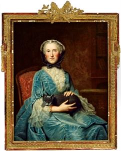 Bildnis Einer Dame In Blauem Taftkleid Mit Einer Katze Im Schos by Donat Nonotte