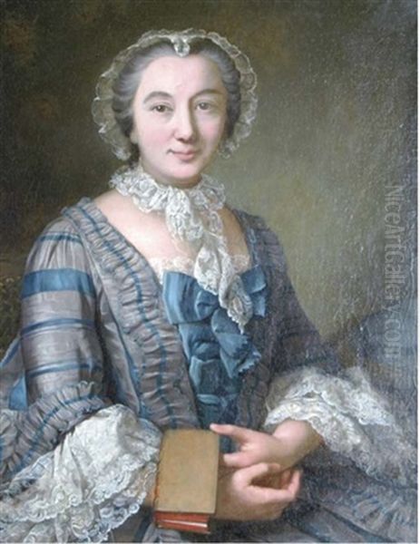 Portrait Of A Lady Seated In A Grey And Blue Dress And A Lace Bonnet, Holding A Book - view 1