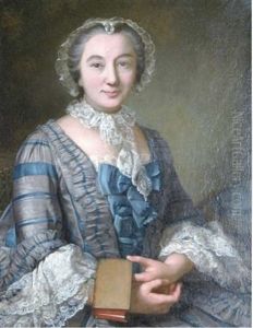 Portrait Of A Lady Seated In A Grey And Blue Dress And A Lace Bonnet, Holding A Book by Donat Nonotte