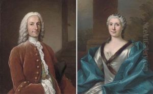 Portrait Of A Gentleman, Half-length, In A Red Velvet Coat And Embroidered Waistcoat (+ Portrait Of A Lady, Half-length, In A Mink Trimmed White Silk Dress And Blue Silk Mantle, 1747; Pair) by Donat Nonotte