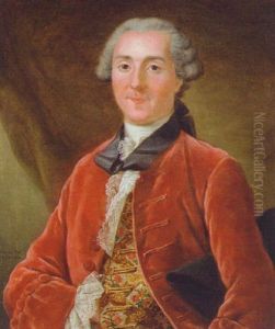 Portrait Of A Gentleman In A Burgundy Coat With An Embroidered Waistcoat And A Lace Cravat, Holding A Tricorn