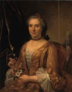 Portrait Of A Lady Beside A Curtain Holding A Posy Of Flowers