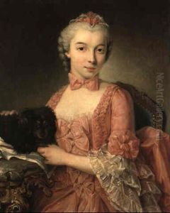 Portrait Of A Young Noblewoman With Her Pet Dog On A Table Beside Her