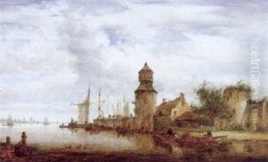 Dorf Mit Einem Turm An Einem Flus Und Booten Dorf Mit Einem Turm An Einem Flus Und Booten