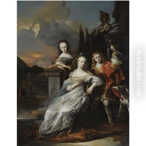 Family Portrait Of A Young Boy, Holding A Falcon, Together With His Two Sisters Dressed In White Satin Gowns With Blue Shawls