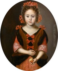 Portrait Of A Young Girl, Half-length, In A Pink Dress With Red Ribbons, Holding A Peach