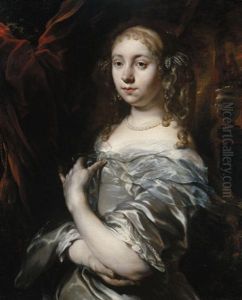 Portrait Of A Lady Wearing Pearls And A Grey Satin Gown With A Blue Shawl
