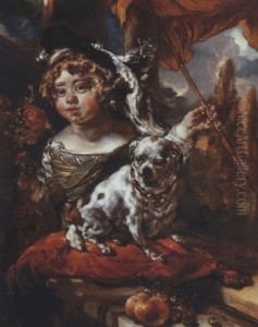Portrait Of A Boy With A Falcon, Holding A Spear, His Pet Dog Seated On A Cushion Before Him