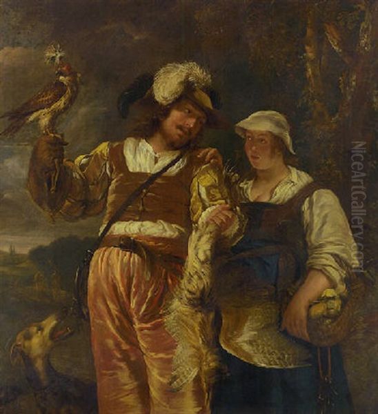 A Falconer And His Wife With A Hawk, Dog And A Dead Bittern - view 1