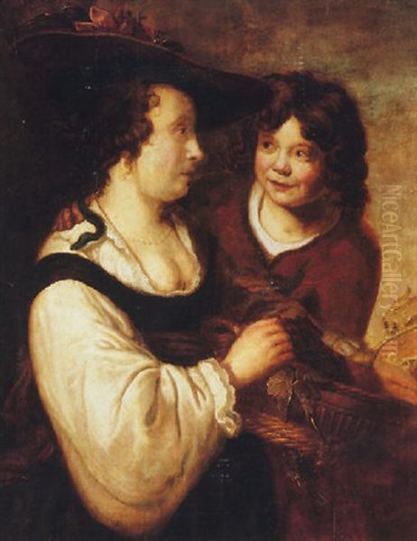 A Young Man Making Advances To A Lady With A Basket Of Fruit - view 1