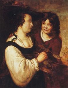 A Young Man Making Advances To A Lady With A Basket Of Fruit by Jan van Noordt