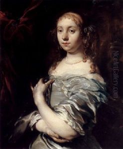 Portrait Of A Lady, Half Length, Wearing Pearls And A Grey Satin Gown With A Blue Shawl, And Ornamental Garden Beyond