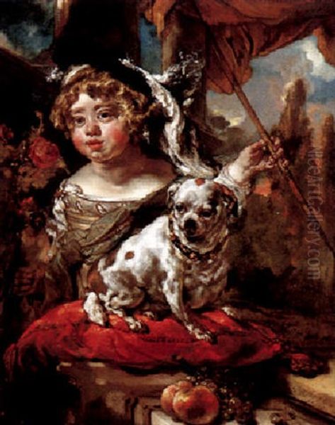 Portrait Of A Boy, Half Length, Wearing A Plumed Hat, Holding A Falcon And A Spear, His Dog Seated On A Pillow Before Him - view 1
