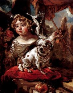 Portrait Of A Boy, Half Length, Wearing A Plumed Hat, Holding A Falcon And A Spear, His Dog Seated On A Pillow Before Him