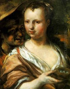 An Old Woman Looking Over The Shoulders Of A Girl Holding A Bird's Nest by Jan van Noordt