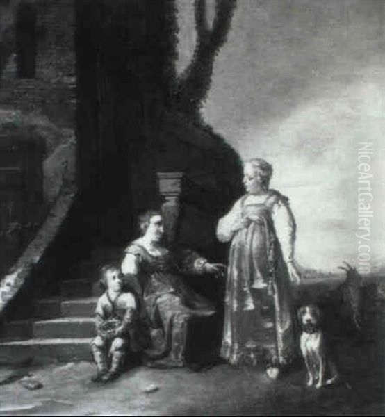 Lady Conversing With A Peasant Woman And Child Seated On Stairs - view 1
