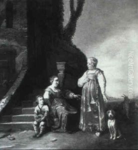 Lady Conversing With A Peasant Woman And Child Seated On Stairs
