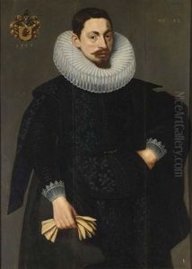 A Portrait Of A Bearded Man Wearing An Elegant Black Suit With White Lace Cuffs by Adam van Noort