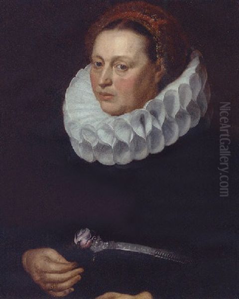 Portrait Of A Lady In A Black Dress With A White Ruff Wearing A Red And Gold Lace Headdress And Holding A Rose - view 1