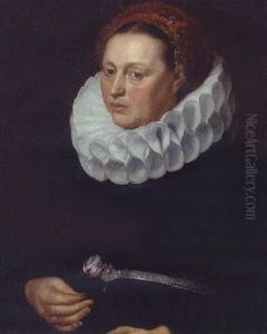 Portrait Of A Lady In A Black Dress With A White Ruff Wearing A Red And Gold Lace Headdress And Holding A Rose by Adam van Noort