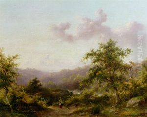 A Peasant Woman In A Wooded Landscape by Gijsberus Nonus Op Ten Noort