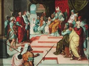 Die Heiligen Joseph Und Peter Werden Dem Hohenpriester Vorgefuhrt by Lambert van Noort