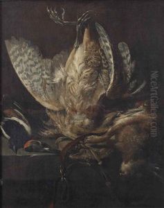 A Hunting Still Life With A Heron, Magpie, Finch, Hare And A Hunting Bag On A Stone Ledge by Pieter Van Noort
