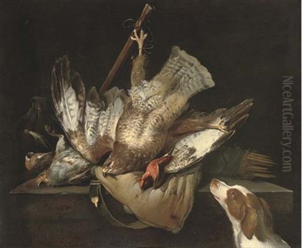A Hunting Still Life With A Falcon, A Partridge, A Kingfisher, A Game Bag On A Ledge And A Spaniel - view 1