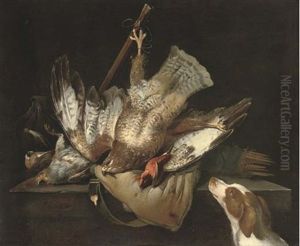 A Hunting Still Life With A Falcon, A Partridge, A Kingfisher, A Game Bag On A Ledge And A Spaniel by Pieter Van Noort