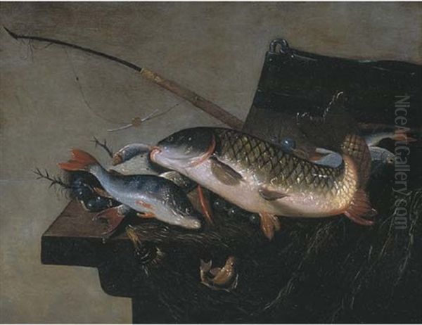 A Carp, A Perch, And Other Fish On A Table In An Interior - view 1
