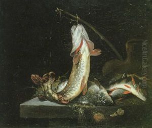 A Still Life Of Fish Resting On A Table by Pieter Van Noort