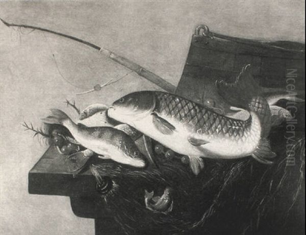 A Still Life Of Fish And Fishing Tackle On A Ledge - view 1