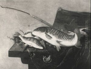 A Still Life Of Fish And Fishing Tackle On A Ledge A Still Life Of Fish And Fishing Tackle On A Ledge