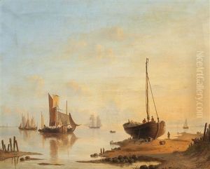 Coastal Landscape With Sailing Ships And Boats by Jacobus Hendricus Johannes Nooteboom