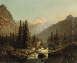 Figures Resting In A Forest In A Mountainous Landscape by Jacobus Hendricus Johannes Nooteboom