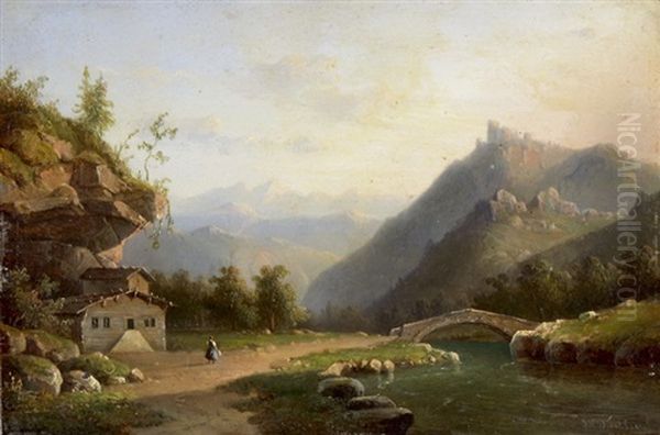 Gebirgslandschaft Mit Brucke Uber Einen Bach Und Frau Vor Einem Haus - view 1