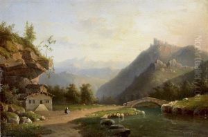 Gebirgslandschaft Mit Brucke Uber Einen Bach Und Frau Vor Einem Haus by Jacobus Hendricus Johannes Nooteboom