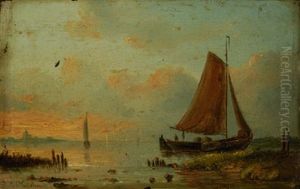 Sailboats In Front Of A Pier With A City On The Left by Jacobus Hendricus Johannes Nooteboom