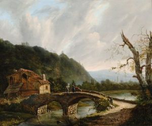 Mountain Landscape With Figures On A Bridge by Jacobus Hendricus Johannes Nooteboom