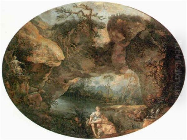 Nymphs Bathing In A Pool Beneath A Statue Of Diana - view 1