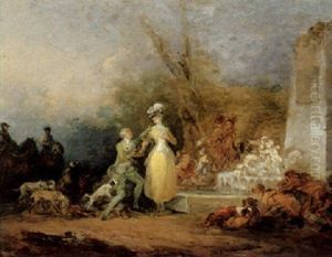 An Elegant Couple Resting With Their Hounds Beside A Fountain An Elegant Couple Resting With Their Hounds Beside A Fountain