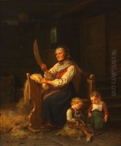 The Wool Cutter, Interior Scene With Children And An Old Lady