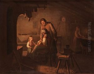 Interior With A Family In Front Of The Fireplace by Bengt Nordenberg