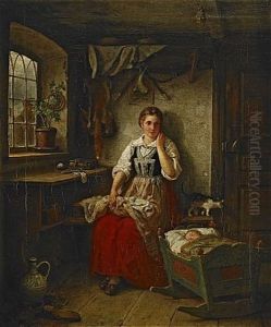 Allmogeinterior Med Sittande Kvinna Och Barn by Bengt Nordenberg