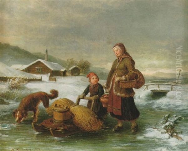 Mor Och Barn Pa Isen - Vintermotiv I Aftonljus - view 1