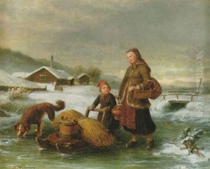 Mor Och Barn Pa Isen - Vintermotiv I Aftonljus by Bengt Nordenberg