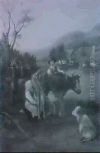 Melkzeit (hugelige Weisenlandschaft...) by Bengt Nordenberg